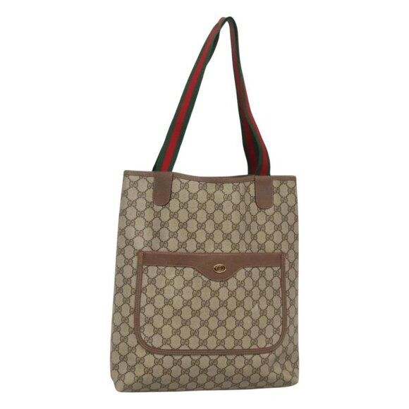 GUCCI GG Supreme Web Sherry Line Tote Bag PVC Leather Beige 39 02 003 Auth kk481